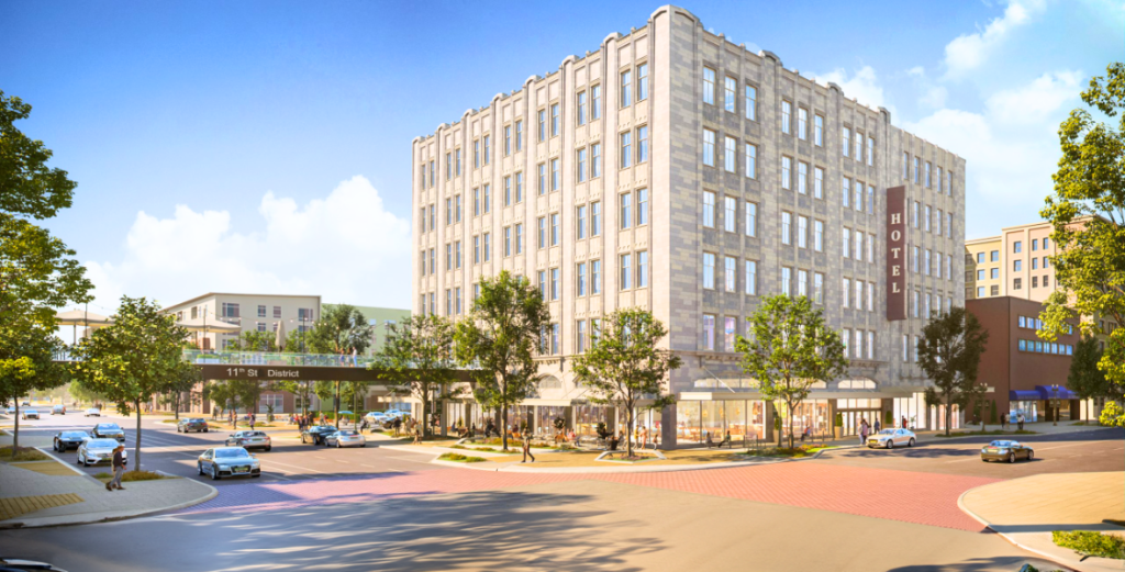 Street-level rendering of the Hampton Inn by Hilton Lincoln Downtown, a 115-room limited-service hotel developed through the adaptive reuse of the historic Gold’s Building in Lincoln, Nebraska.
