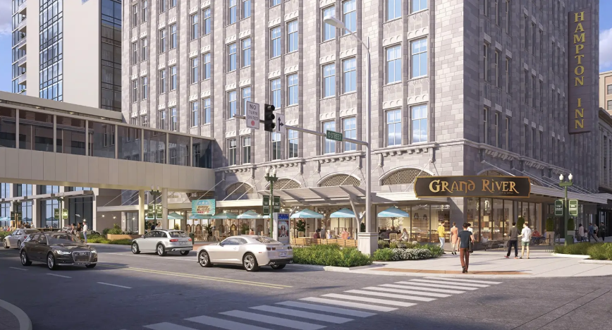 Street-level rendering of the Hampton Inn by Hilton Lincoln Downtown showing the adaptive reuse of the historic Gold’s Building with ground-floor retail and pedestrian activity in downtown Lincoln, Nebraska.