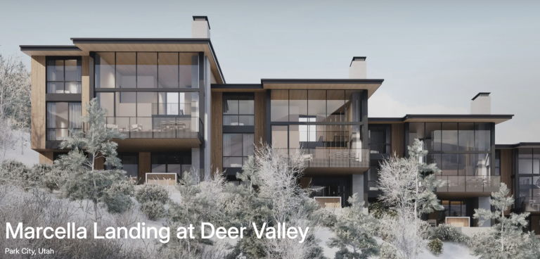 Architectural rendering of modern luxury ski-in, ski-out townhomes at Marcella Landing at Deer Valley, featuring large glass façades and mountain surroundings in Park City, Utah.